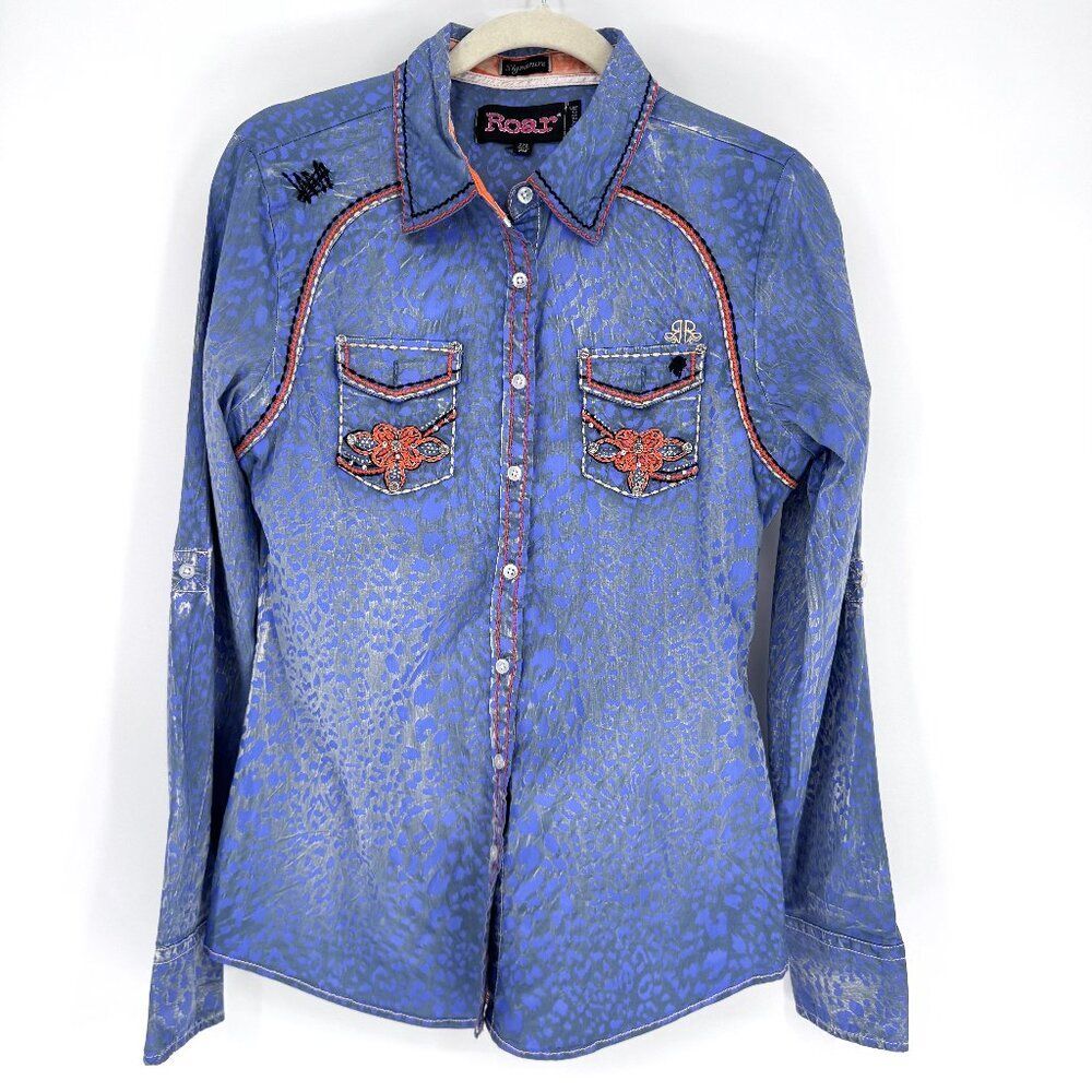 Roar Embellished Western Button-Down Shirt Blue Leopard Print M